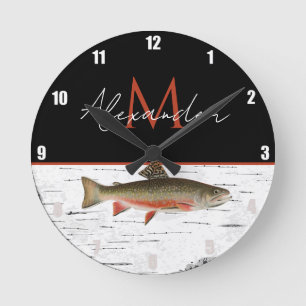 Rustic Aspen Bark Trout Fisherman Sjö House Rund Klocka