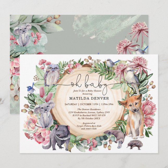 Rustic Australia Native Animals Blommigt Baby Show Inbjudningar (Fram/baksida)