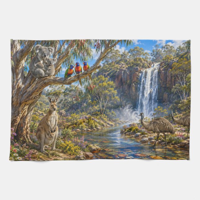 Rustic Australian Wildlife & Waterfall Kitchen  Kökshandduk (Horisontell)