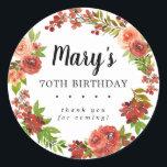 Rustic Autumn Blommigt 70th Birthday Tack Runt Klistermärke<br><div class="desc">Tack för att du fyller 70 år i en rustisk blommigt har du en dekal med varmt burgundrött och koralt rosa ros som är inkapslat i löv med djup grönt för att bilda en öppen krans. Röda blommor och bär är klara med arrangemanga födelsedagskalkal är en del av samlingen Gathering....</div>