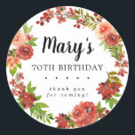 Rustic Autumn Blommigt 70th Birthday Tack Runt Klistermärke<br><div class="desc">Tack för att du fyller 70 år i en rustisk blommigt har du en dekal med varmt burgundrött och koralt rosa ros som är inkapslat i löv med djup grönt för att bilda en öppen krans. Röda blommor och bär är klara med arrangemanga födelsedagskalkal är en del av samlingen Gathering....</div>