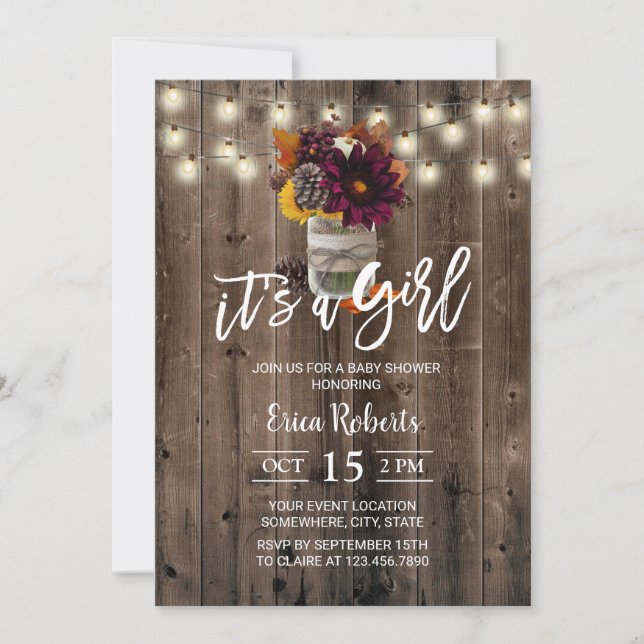 Rustic Autumn Blommigt Burk Barn Girl Baby Shower Inbjudningar (Framsida)