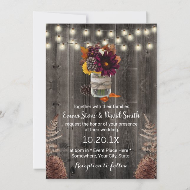 Rustic Autumn Blommigt Burk Barn Wood Fall Wedding Inbjudningar (Framsida)