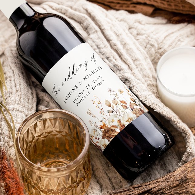 Rustic Autumn Blommigt Meadow Bröllop Vinflaska Etikett (Skapare uppladdad)