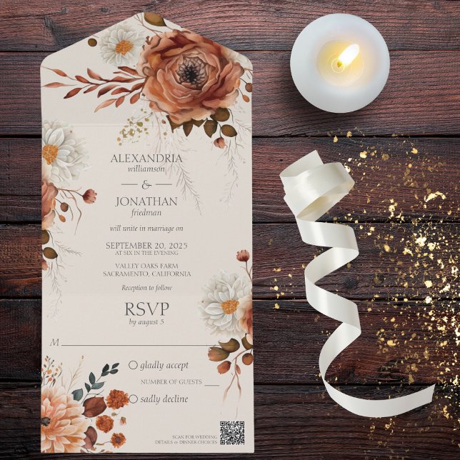 Rustic Autumn-Blommigt på Beige QR-kod (Also available without QR code or with dinner options. )