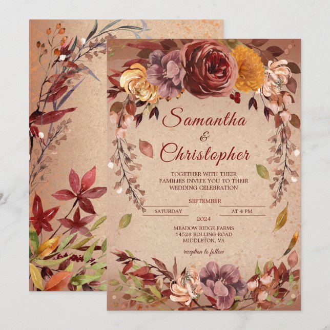 Rustic Autumn Bloom Burgundy Amber Fall Wedding Inbjudningar (Fram/baksida)