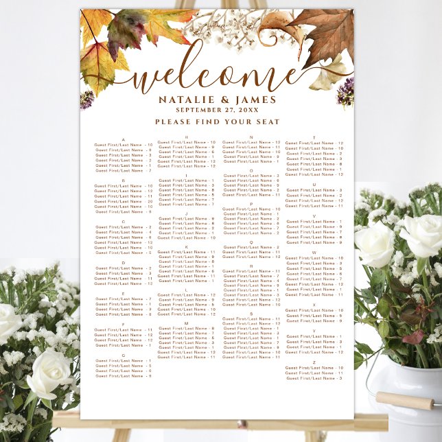 Rustic Autumn Bröllop Alphabetical Bord Seating Poster (Skapare uppladdad)