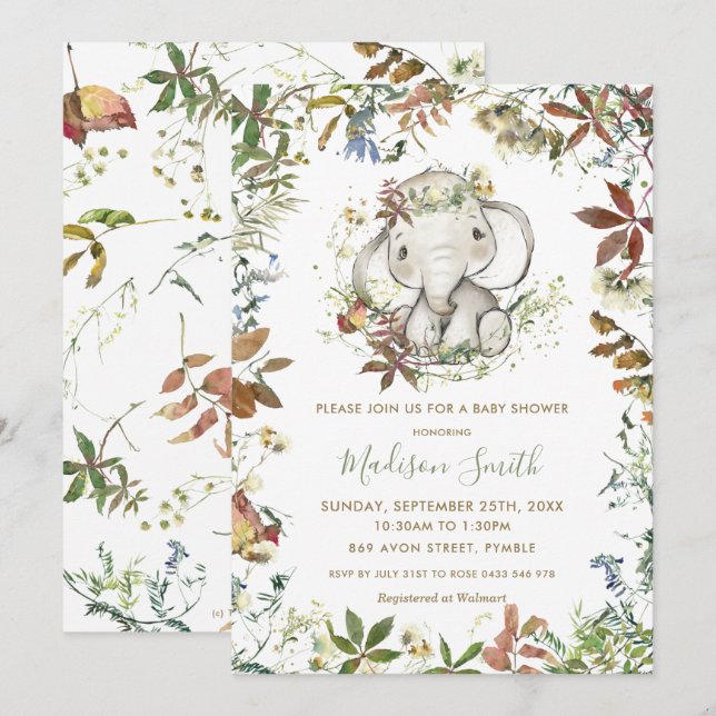 Rustic Autumn Elephant Gender Neutral Baby Shower Inbjudningar (Fram/baksida)