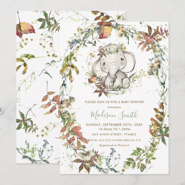 Rustic Autumn Elephant Gender Neutral Baby Shower Inbjudningar (Fram/baksida)