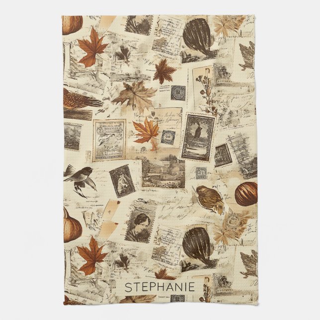 Rustic Autumn Ephemera Collage | Warm Earthy Kökshandduk (Vertikal)