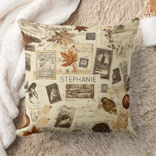 Rustic Autumn Ephemera Collage Warm Earthy Kudde