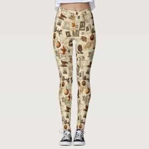 Rustic Autumn Ephemera Collage Warm Earthy Leggings