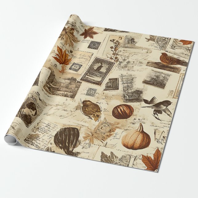 Rustic Autumn Ephemera Collage | Warm Earthy Presentpapper (Utrullad)