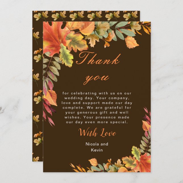 Rustic Autumn Fall Leaves Wedding Tack Kort (Fram/baksida)