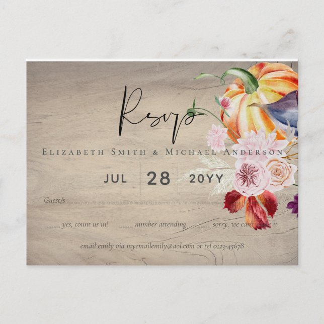 Rustic Autumn Fall Pumpkins Figs Flowers Bröllop Vykort (Framsida)