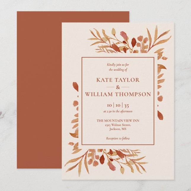 Rustic Autumn Fall Terracotta Bröllop Inbjudningar (Fram/baksida)