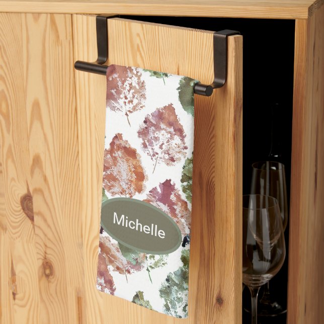 Rustic Autumn Falling Leaves Watercolor Art Kökshandduk (Thirds Fold)