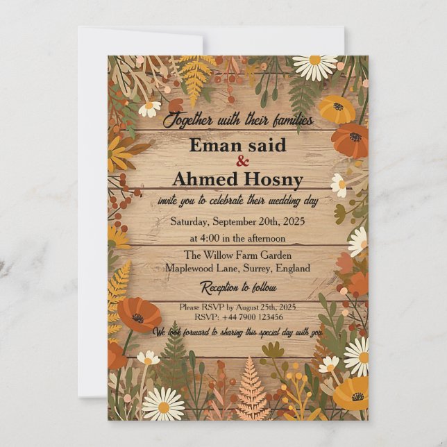Rustic Autumn Floral Wood Wedding Invitation | Fal Inbjudningar (Framsida)