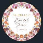 Rustic Autumn Floral Wreath Bridal Shower Runt Klistermärke<br><div class="desc">This elegant design features vibrant, rich fall wildflowers in shades of deep burgundy, blush pink, aubergine and burnt orange. Perfect for couples looking to blend nature-inspired charm with contemporary sophistication. Personalize the sticker with your details. If you want to further re-arrange the style and placement of the text, please press...</div>