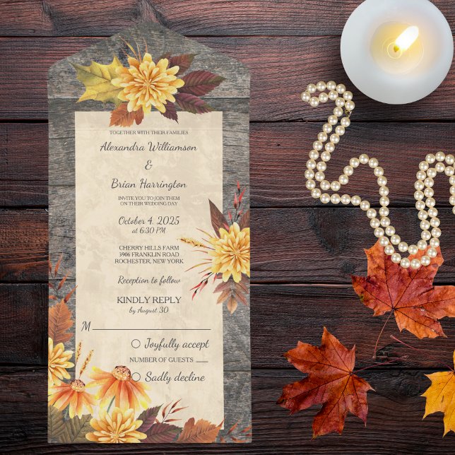 Rustic Autumn Flowers på Wood (Also available with QR code. )