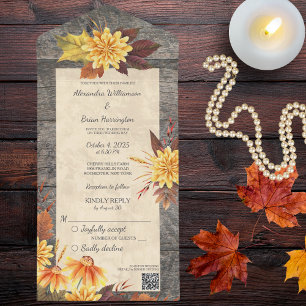 Rustic Autumn Flowers på Wood med QR-kod