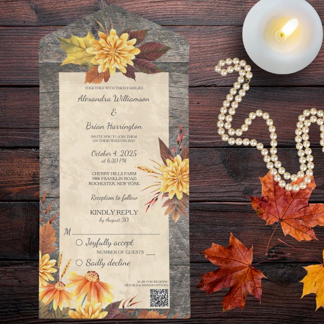 Rustic Autumn Flowers på Wood med QR-kod (Also available without QR code. )