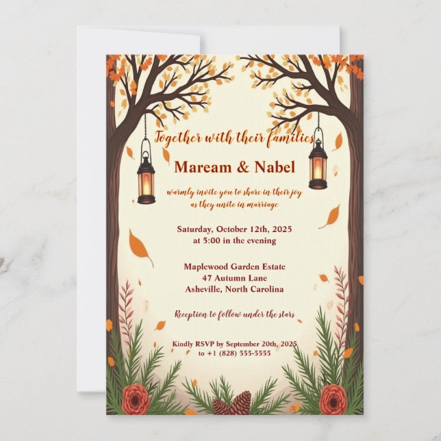 Rustic Autumn Forest Lanterns Wedding Invitation | Inbjudningar (Framsida)