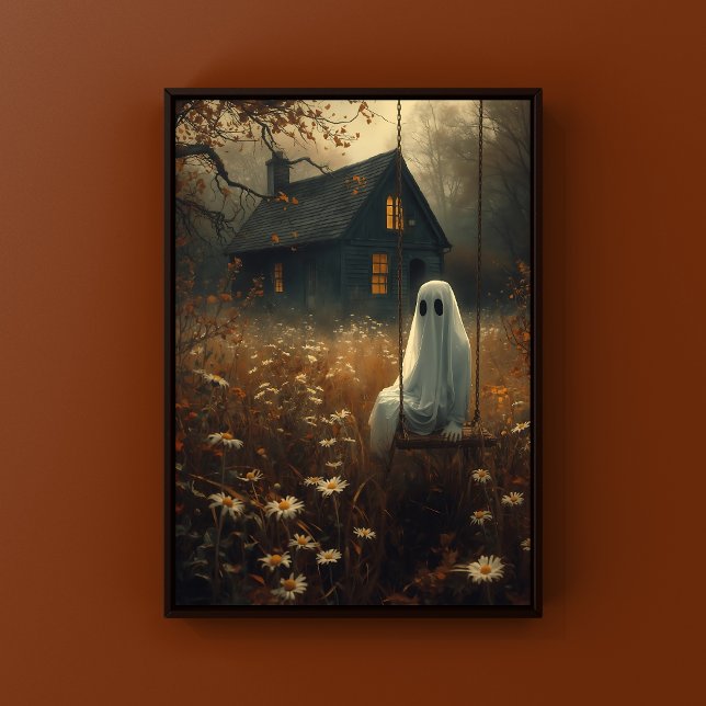 Rustic Autumn Ghost på Swing Spooky Halloween Poster (Spooky Halloween Wall Art in Rustic Cottage Setting)