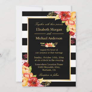 Rustic Autumn Guld Red Blommigt Rand Fall Wedding Inbjudningar