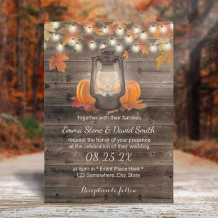 Rustic Autumn Lantern & Pumpkins Fall Wedding Inbjudningar