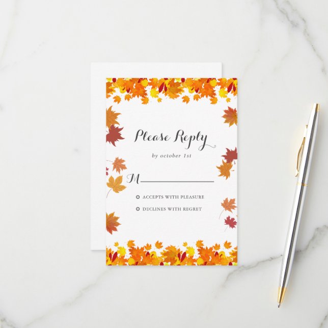 Rustic Autumn Leaves Wedding RSVP Card OSA Kort (Fram/Back In Situ)