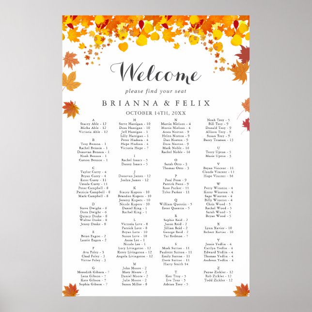 Rustic Autumn Leaves Wedding Seating Chart Poster (Framsidan)