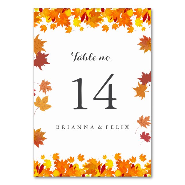 Rustic Autumn Leaves Wedding Table Number Card Bordsnummer (Framsidan)
