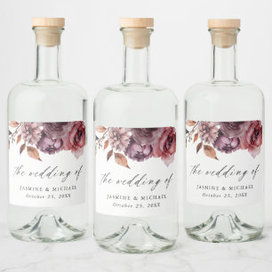 Rustic Autumn Marsala Blommigt Bröllop Spritflaskor Etikett