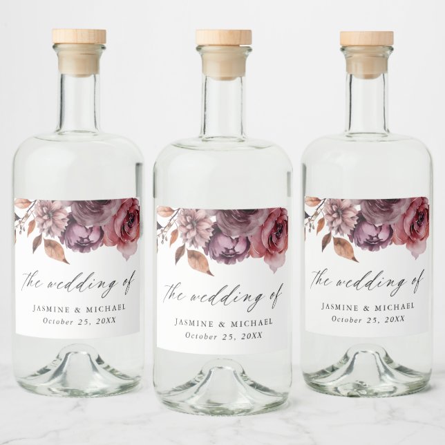 Rustic Autumn Marsala Blommigt Bröllop Spritflaskor Etikett (Flaskor)