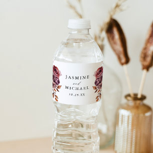 Rustic Autumn Marsala Blommigt Bröllop Vattenflaskor Etikett