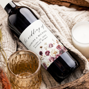 Rustic Autumn Marsala Blommigt Meadow Bröllop Vinflaska Etikett