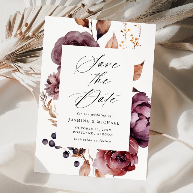 Rustic Autumn Marsala Blommigt Ram Bröllop Spara Datumet (Skapare uppladdad)