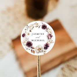 Rustic Autumn Marsala Blommigt Wandan Bröllop Runt Klistermärke