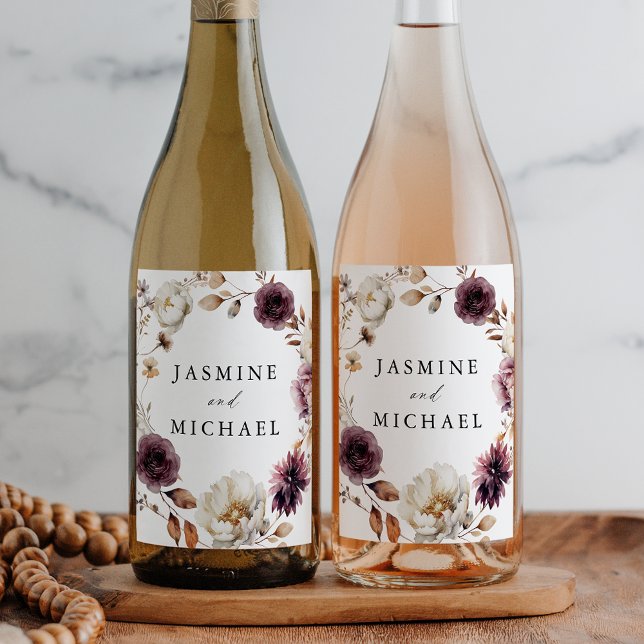 Rustic Autumn Marsala Blommigt Wandan Bröllop Vinflaska Etikett (Skapare uppladdad)
