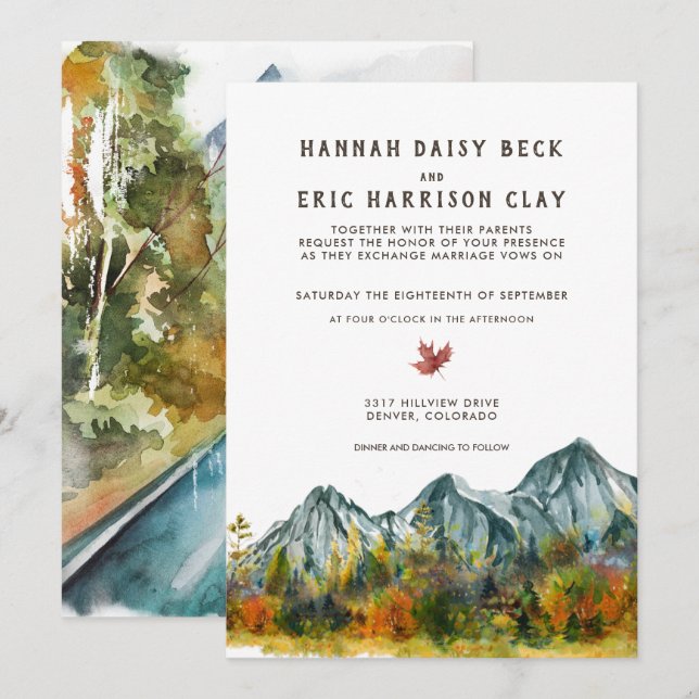 Rustic Autumn Mountain Bröllop Inbjudningar (Fram/baksida)
