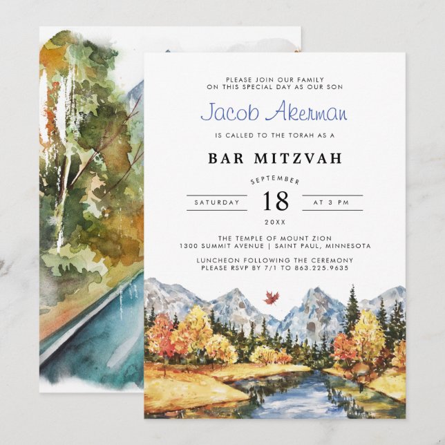 Rustic Autumn Mountain Pub Mitzvah Inbjudningar (Fram/baksida)