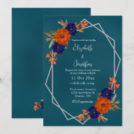 Rustic Autumn Orange Navy Blue Bröllop Cocktails Inbjudningar