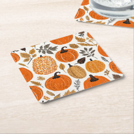 Rustic Autumn Orange Pumpkins Foliage Mönster Underlägg Papper Kvadrat