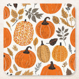 Rustic Autumn Orange Pumpkins Foliage Mönster Underlägg Papper Kvadrat