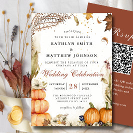 Rustic Autumn Pumpkin Botanical Fall Wedding QR Inbjudningar