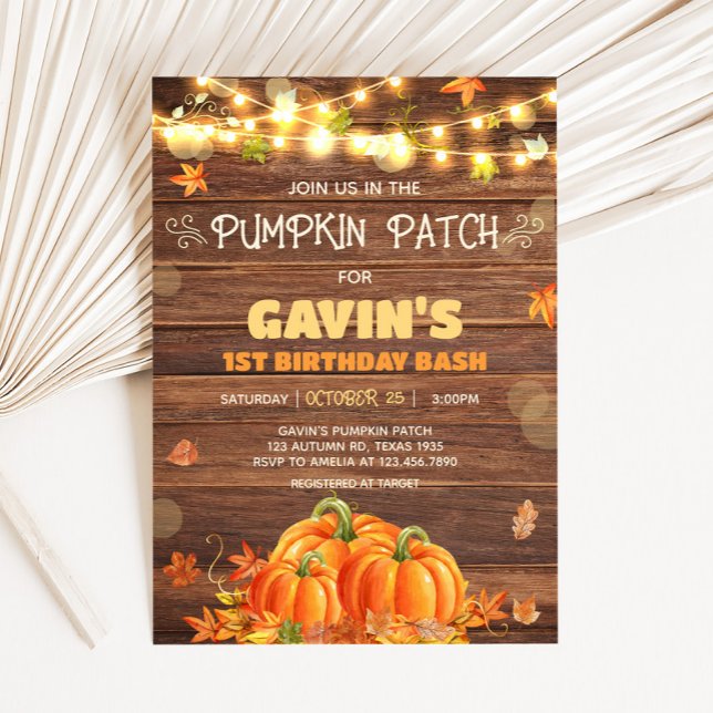 Rustic Autumn Pumpkin Patch Birthday Inbjudningar (Rustic Autumn Pumpkin Patch String Lights Birthday Invitation)