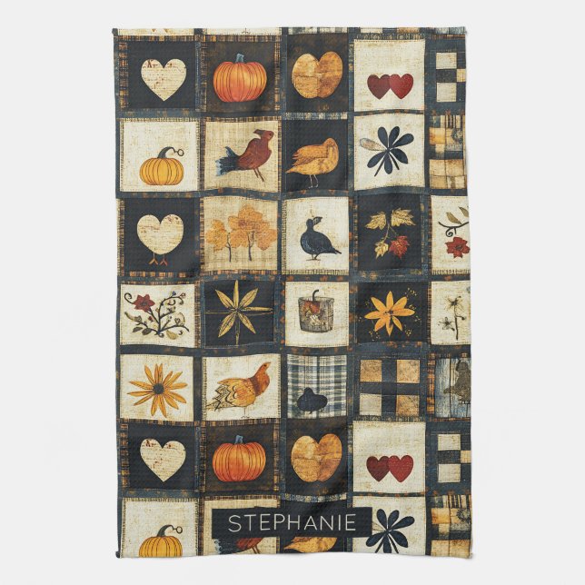 Rustic Autumn Quilt Mönster | Farmhouse Patchwork Kökshandduk (Vertikal)