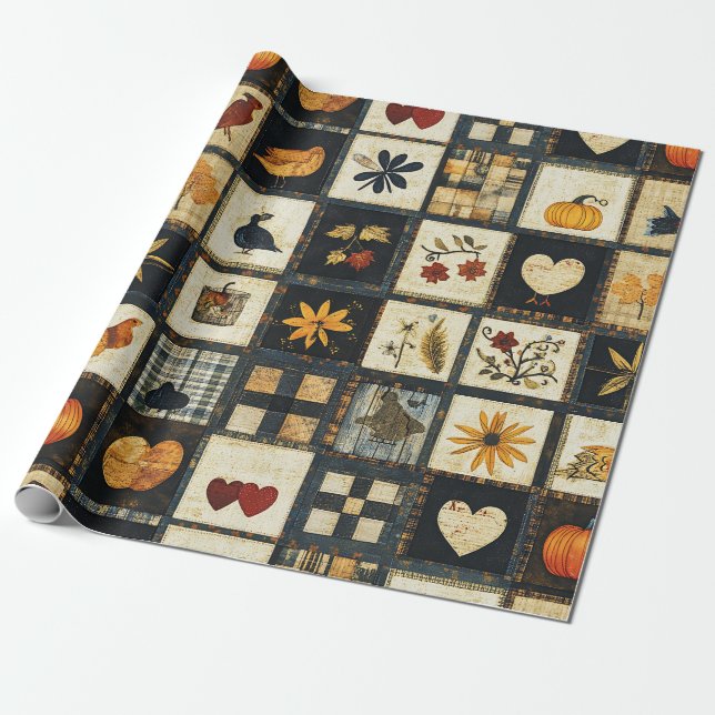 Rustic Autumn Quilt Mönster | Farmhouse Patchwork Presentpapper (Utrullad)