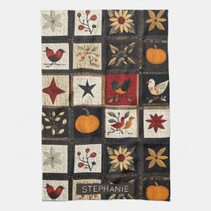 Rustic Autumn Quilt Mönster Harvest Folk Motifs Kökshandduk